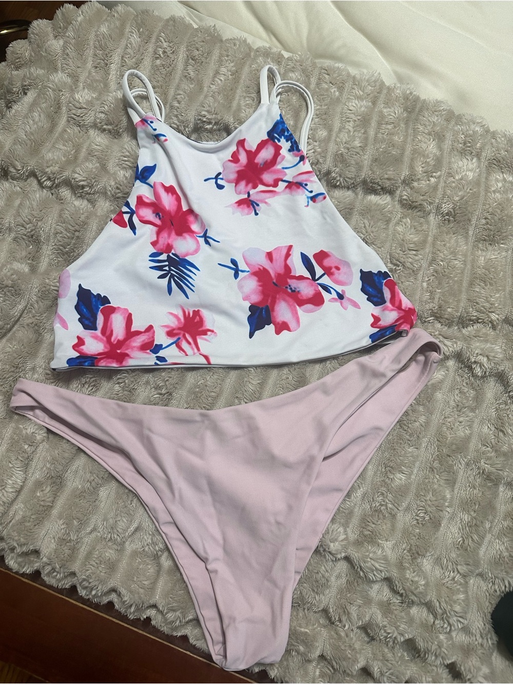 Floral High Neck Bikini Set - Pink & Blue